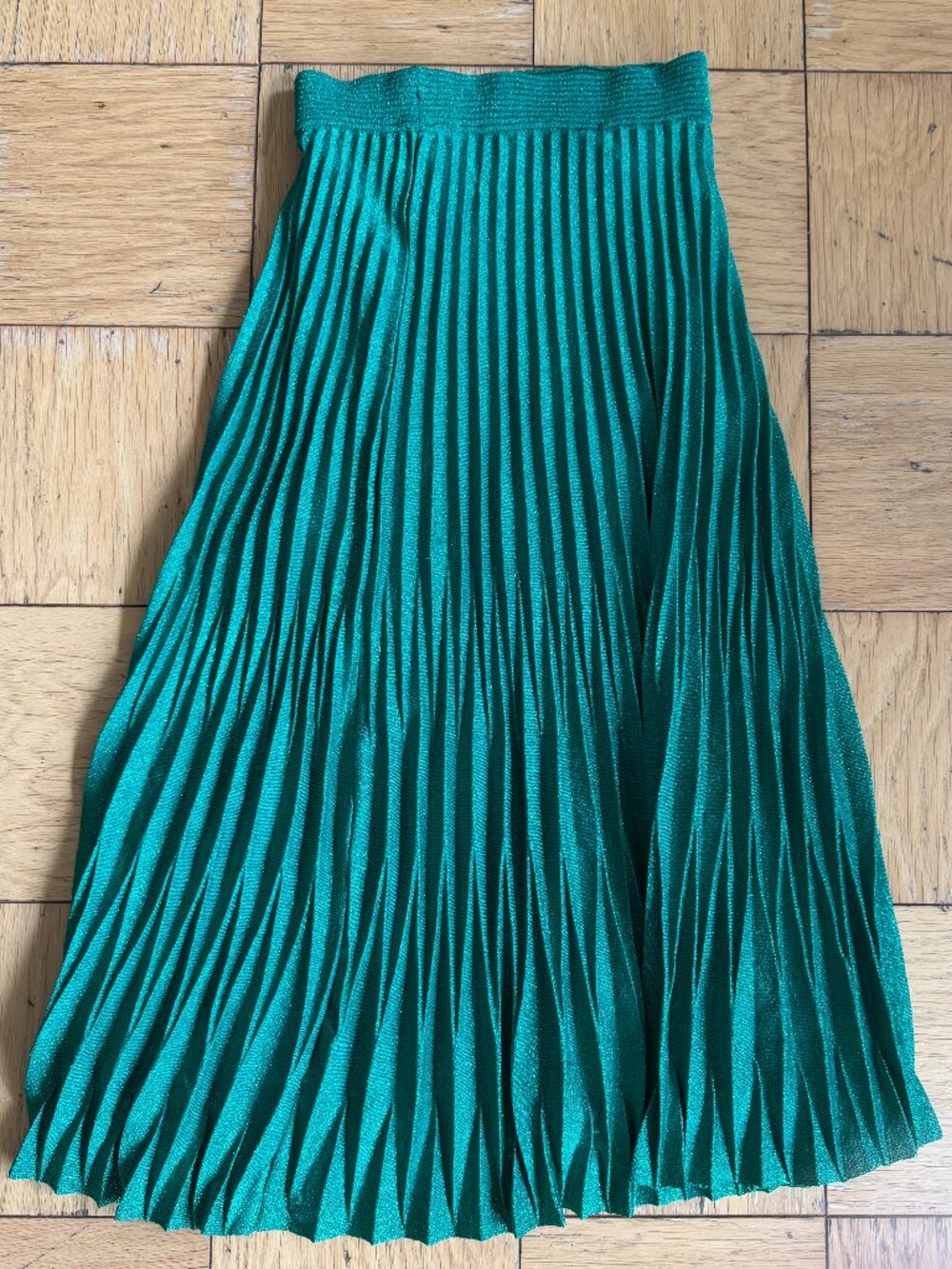Maje Jupette Emerald Green Metallic Lurex Pleated Midi Skirt Size 2 / Medium